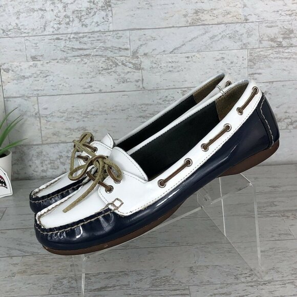 Sperry Topsider Boat Shoes 9754821 Patent Leather White Blue Womens Size 8 M GUC - Picture 1 of 12
